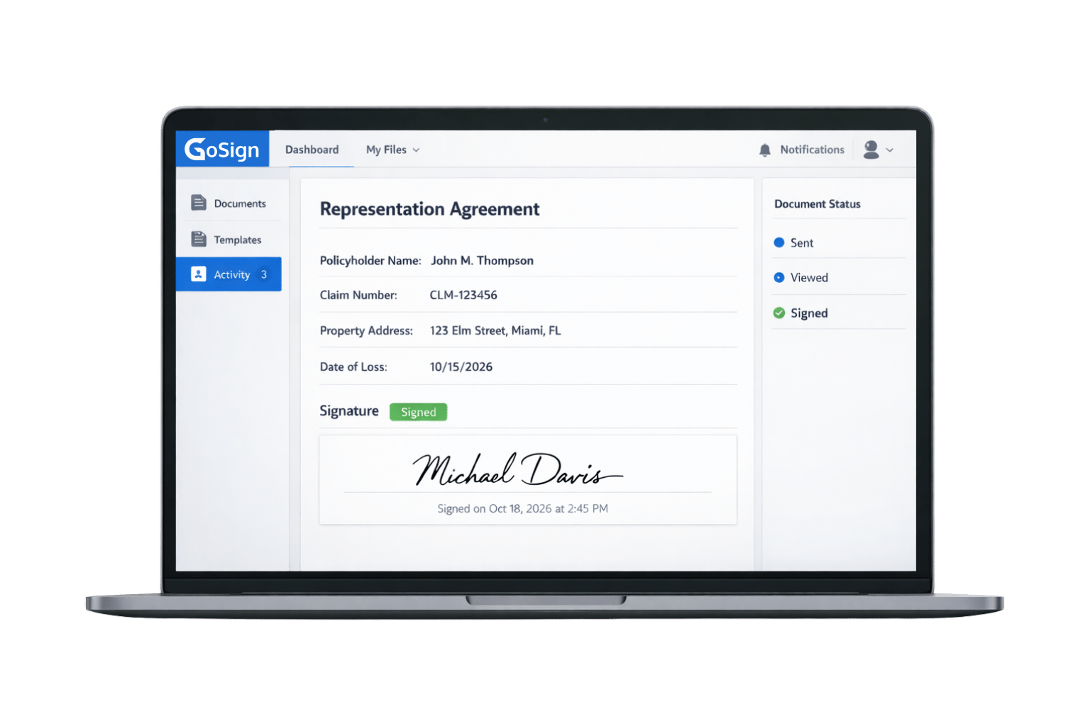 GoSign dashboard showing sales contract with activity tracking