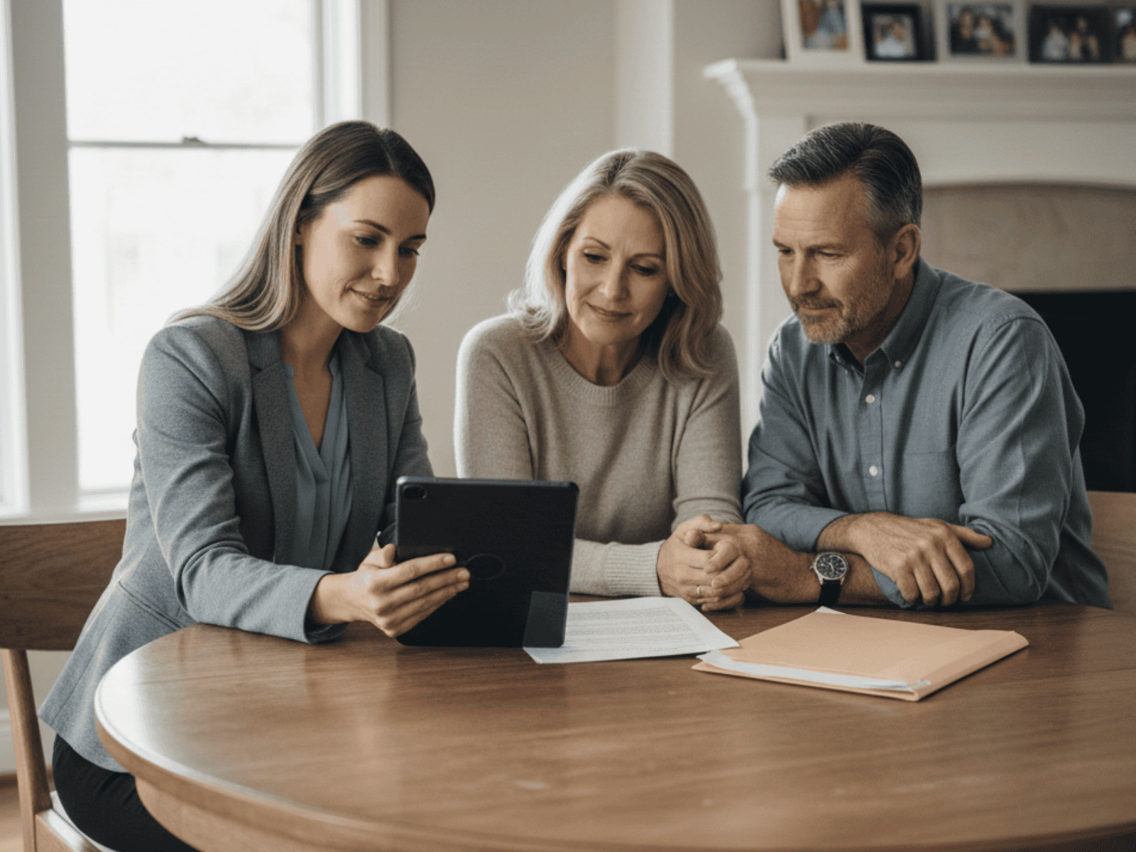 Public adjuster consulting with clients using electronic signatures on tablet